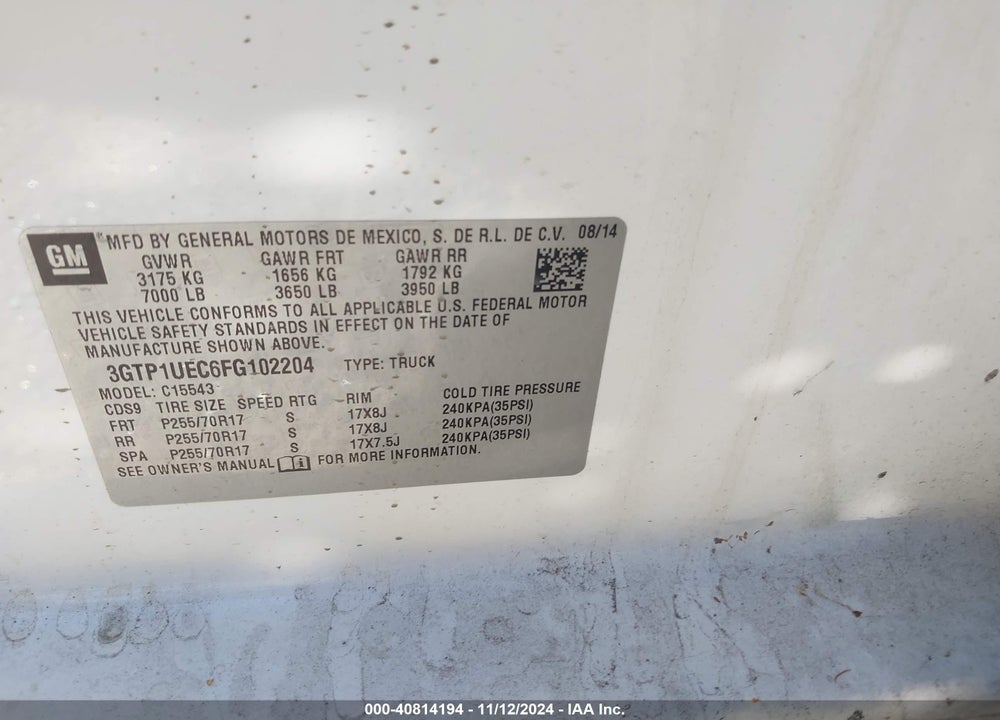 2015 GMC SIERRA 1500 SLE VIN: 3GTP1UEC6FG102204