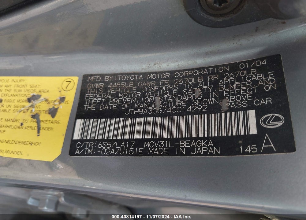 2004 LEXUS ES 330 BASE (A5) VIN: JTHBA30G740014292