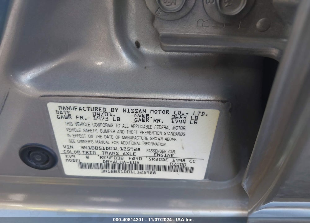 2001 NISSAN SENTRA SE- VIN: 3N1BB51D01L125928