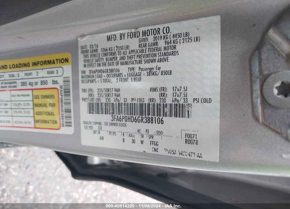 2016 FORD FUSION VIN: 3FA6P0HD6GR388106