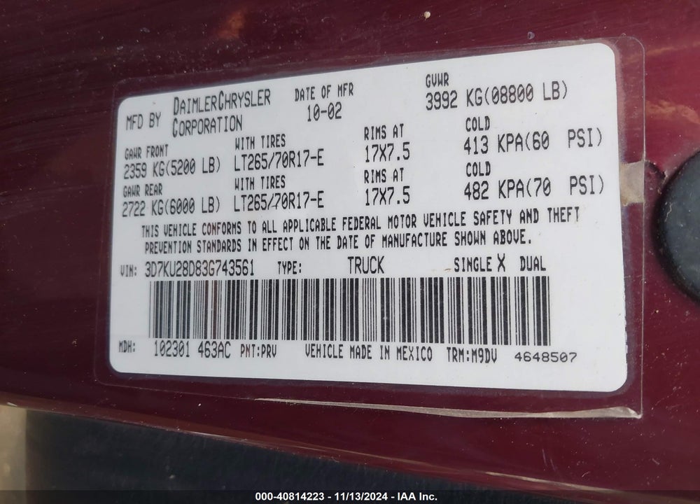 2003 DODGE RAM 2500 SLT/LARAMIE/ST VIN: 3D7KU28D83G743561