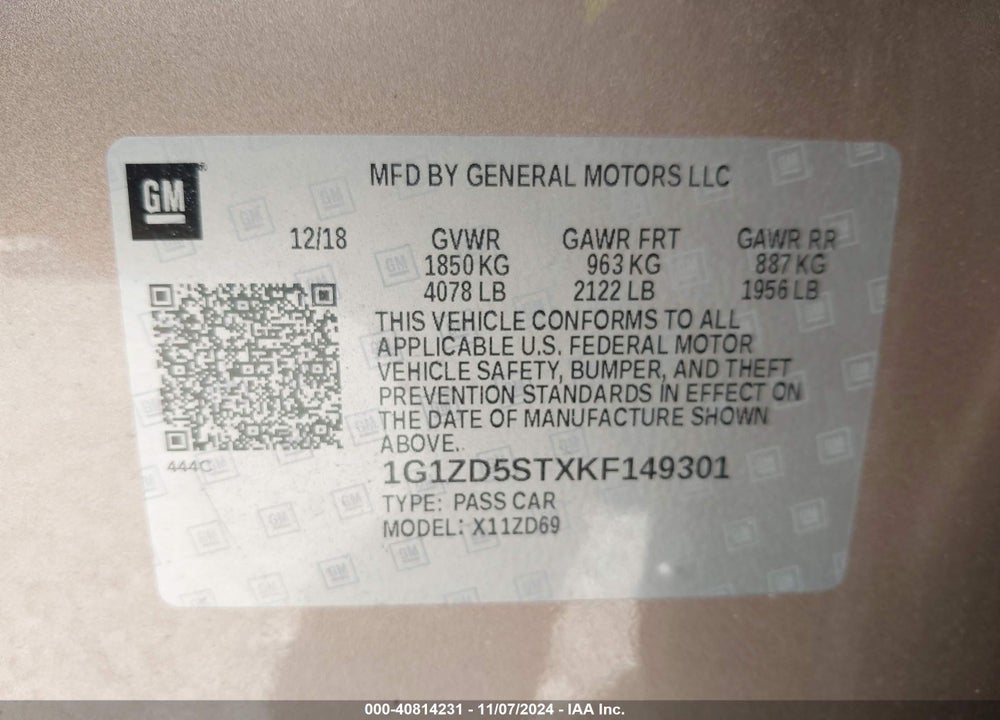 2019 CHEVROLET MALIBU VIN: 1G1ZD5STXKF149301