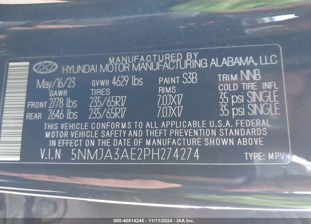 2023 HYUNDAI TUCSON SE VIN: 5NMJA3AE2PH274274