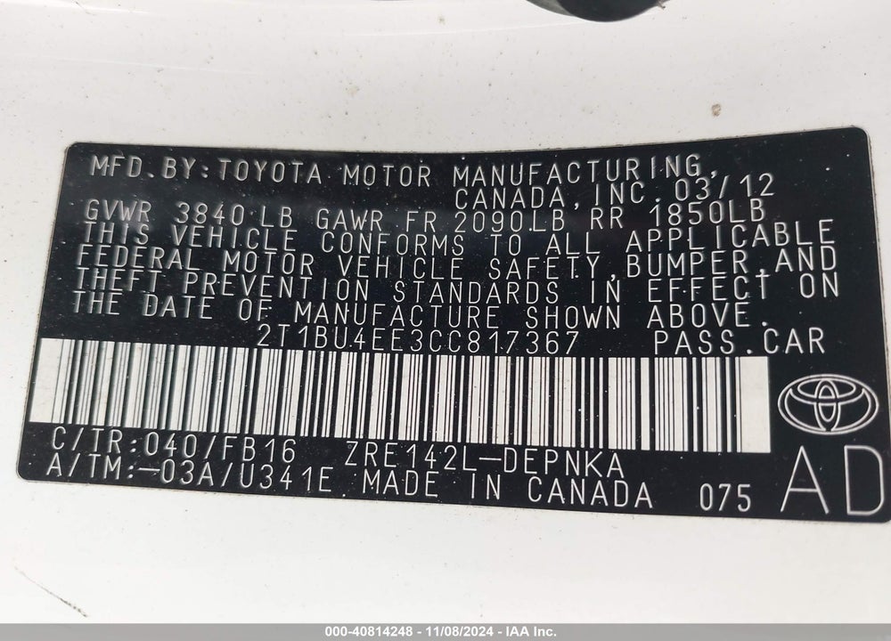 2012 TOYOTA COROLLA LE VIN: 2T1BU4EE3CC817367