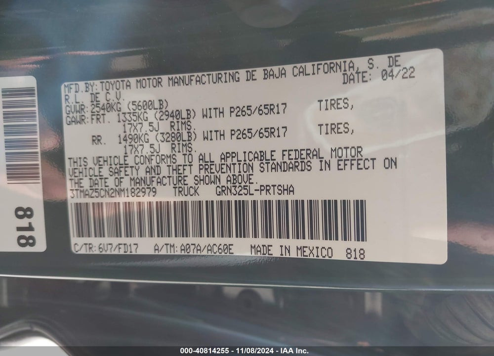 2022 TOYOTA TACOMA VIN: 3TMAZ5CN2NM182979