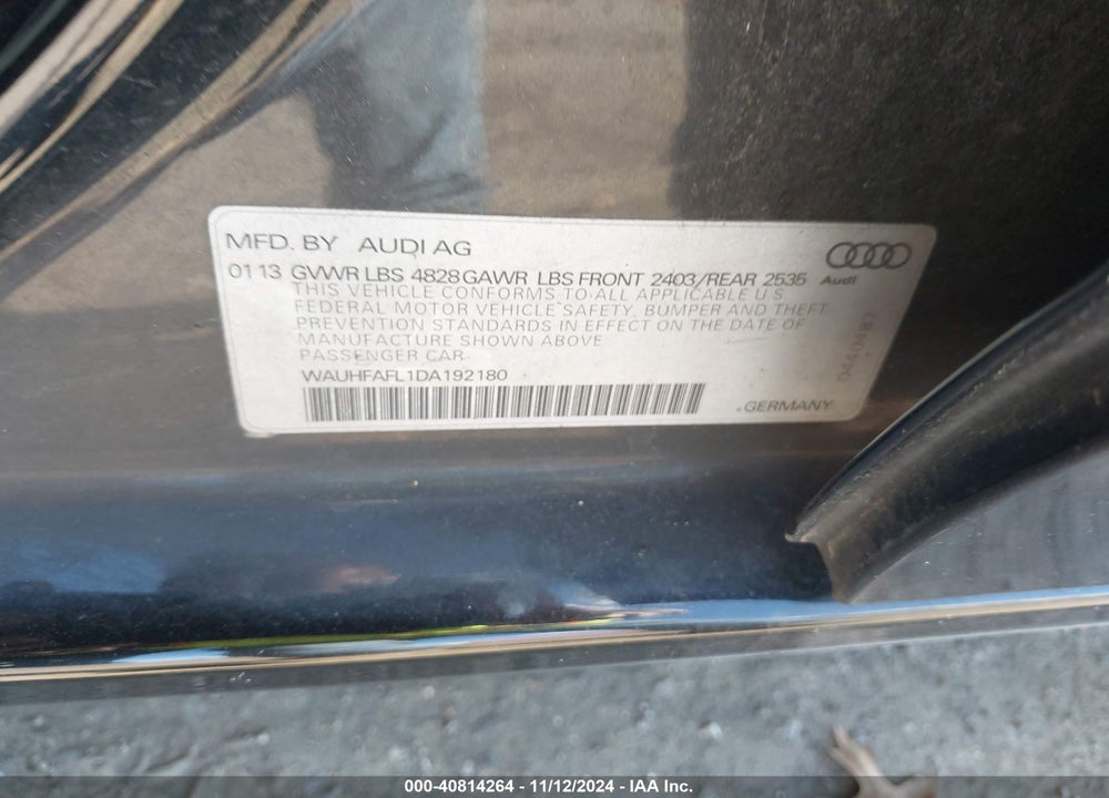 2013 AUDI A4 2.0T PREMIUM VIN: WAUHFAFL1DA192180