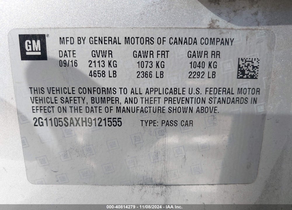 2017 CHEVROLET IMPALA VIN: 2G1105SAXH9121555