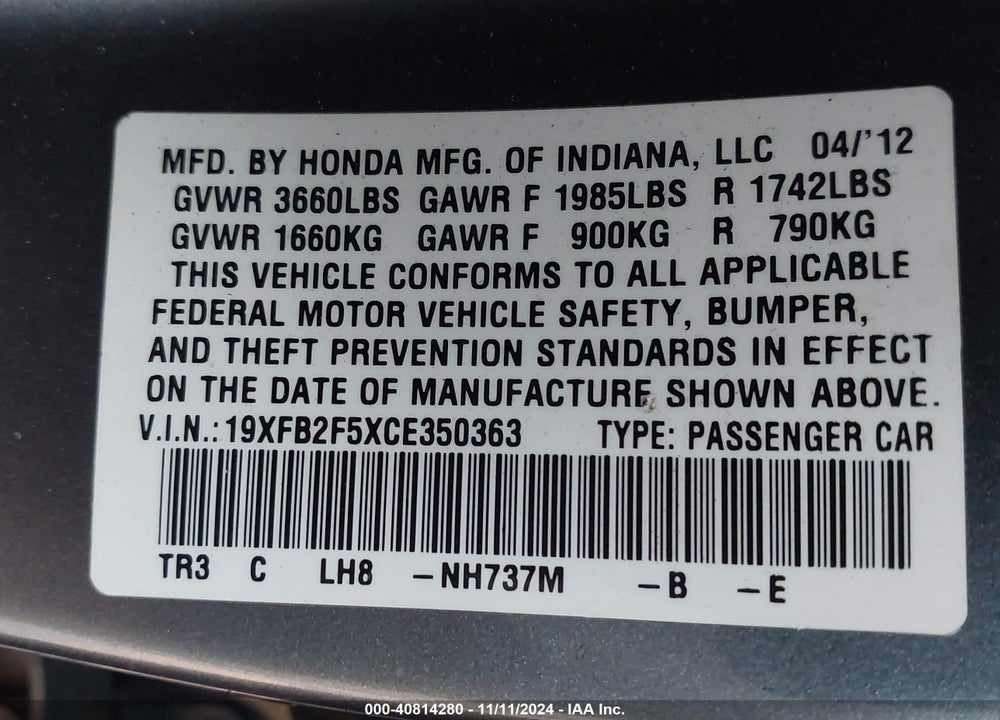 2012 HONDA CIVIC LX VIN: 19XFB2F5XCE350363
