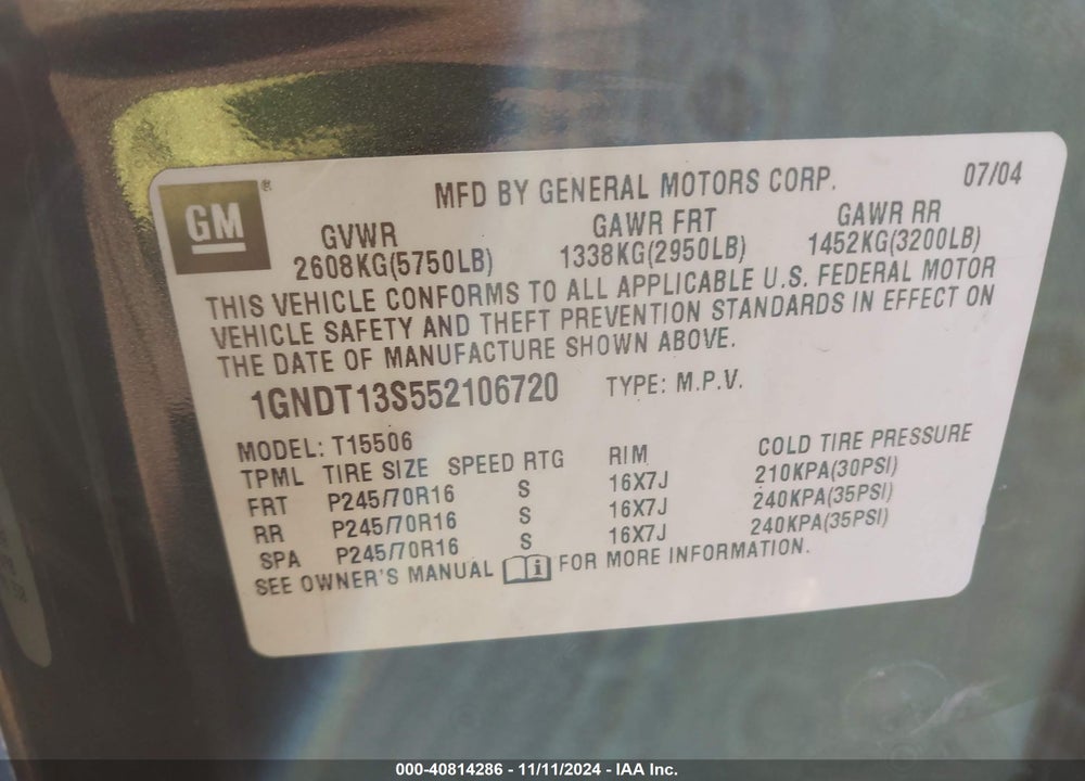 2005 CHEVROLET TRAILBLAZER LS VIN: 1GNDT13S552106720