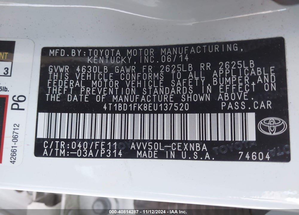 2014 TOYOTA CAMRY HYBRID LE VIN: 4T1BD1FK8EU137520