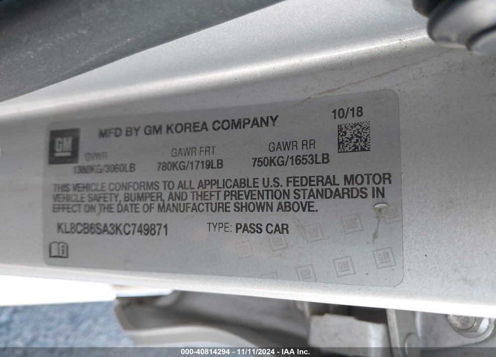 2019 CHEVROLET SPARK LS CVT VIN: KL8CB6SA3KC749871