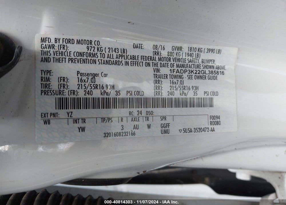 2016 FORD FOCUS SE VIN: 1FADP3K22GL385816