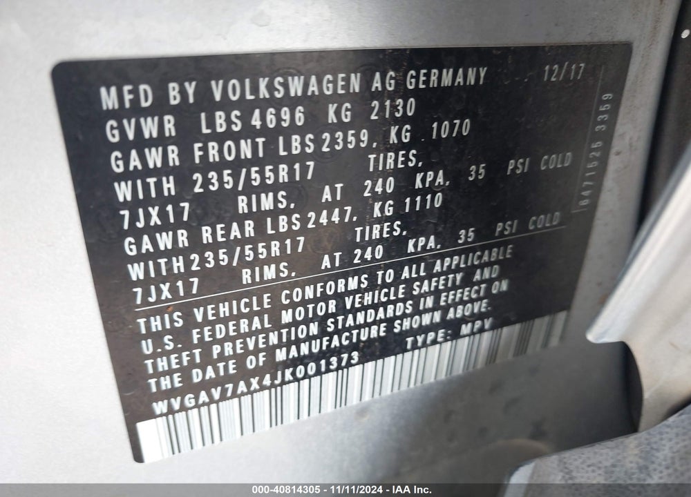 2018 VOLKSWAGEN TIGUAN LIMITED 2.0T VIN: WVGAV7AX4JK001373