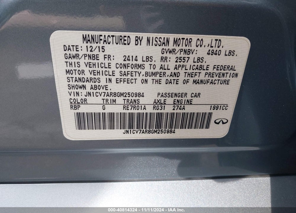 2016 INFINITI Q50 2.0T BASE VIN: JN1CV7AR8GM250984