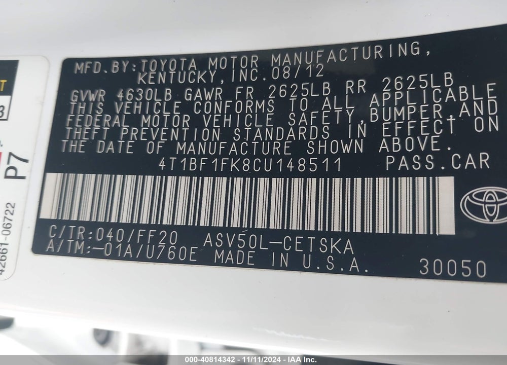 2012 TOYOTA CAMRY SE VIN: 4T1BF1FK8CU148511