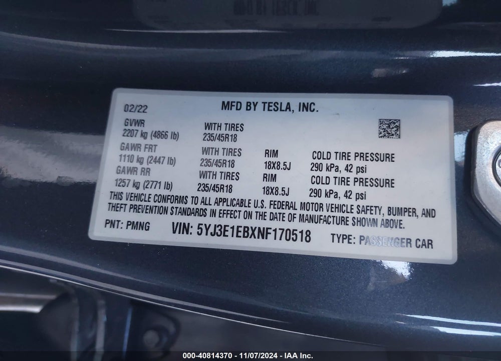 2022 TESLA MODEL 3 LONG RANGE DUAL MOTOR ALL-WHEEL DRIVE VIN: 5YJ3E1EBXNF170518