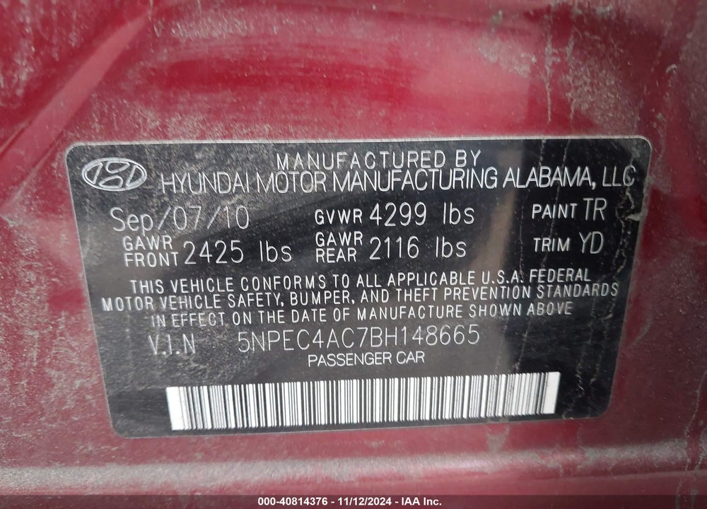2011 HYUNDAI SONATA LIMITED VIN: 5NPEC4AC7BH148665