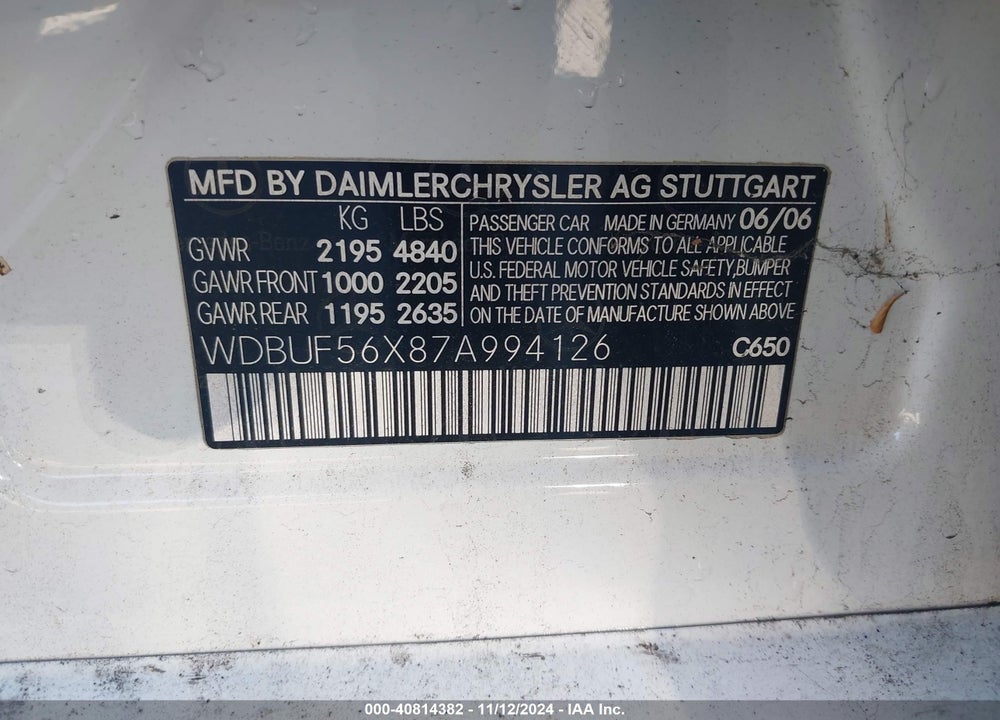 2007 MERCEDES-BENZ E 350 VIN: WDBUF56X87A994126