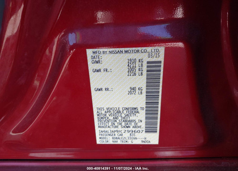 2015 NISSAN ALTIMA 2.5 S VIN: 1N4AL3AP9FC299607