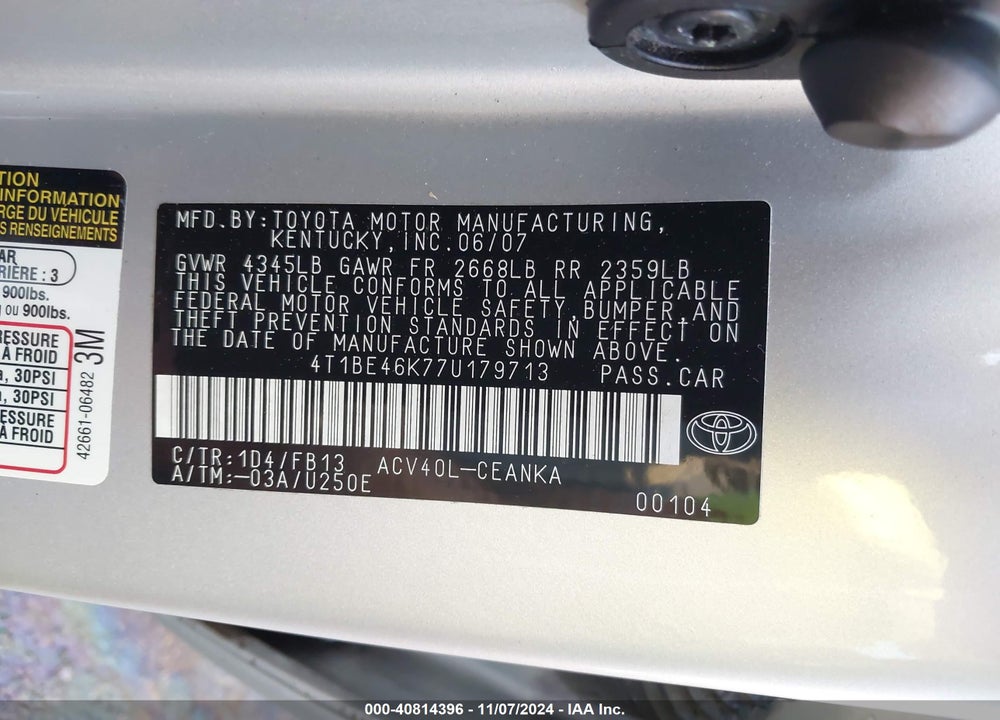 2007 TOYOTA CAMRY LE VIN: 4T1BE46K77U179713