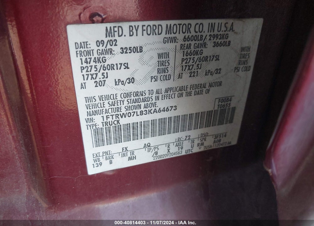 2003 FORD F-150 LARIAT/XLT VIN: 1FTRW07L83KA64673