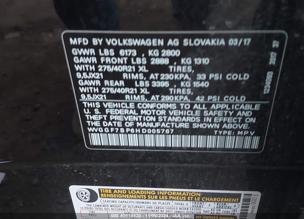 2017 VOLKSWAGEN TOUAREG V6 EXECUTIVE VIN: WVGGF7BP6HD005767