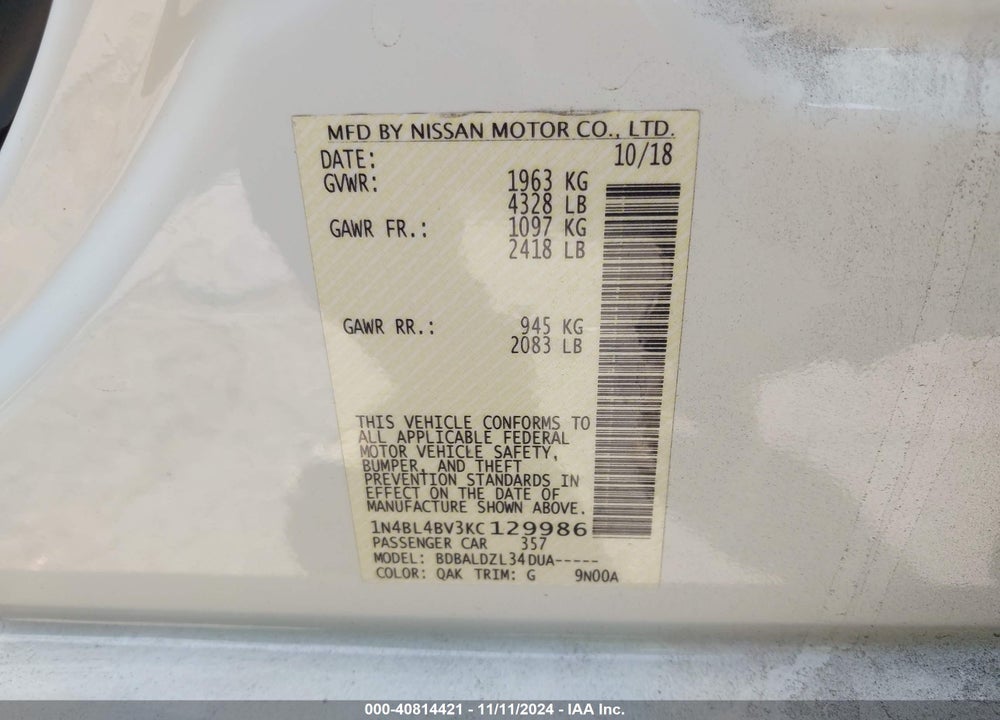 2019 NISSAN ALTIMA 2.5 S VIN: 1N4BL4BV3KC129986