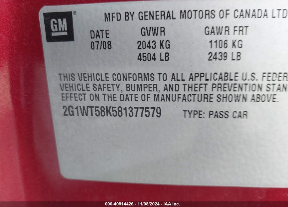 2008 CHEVROLET IMPALA LT VIN: 2G1WT58K581377579