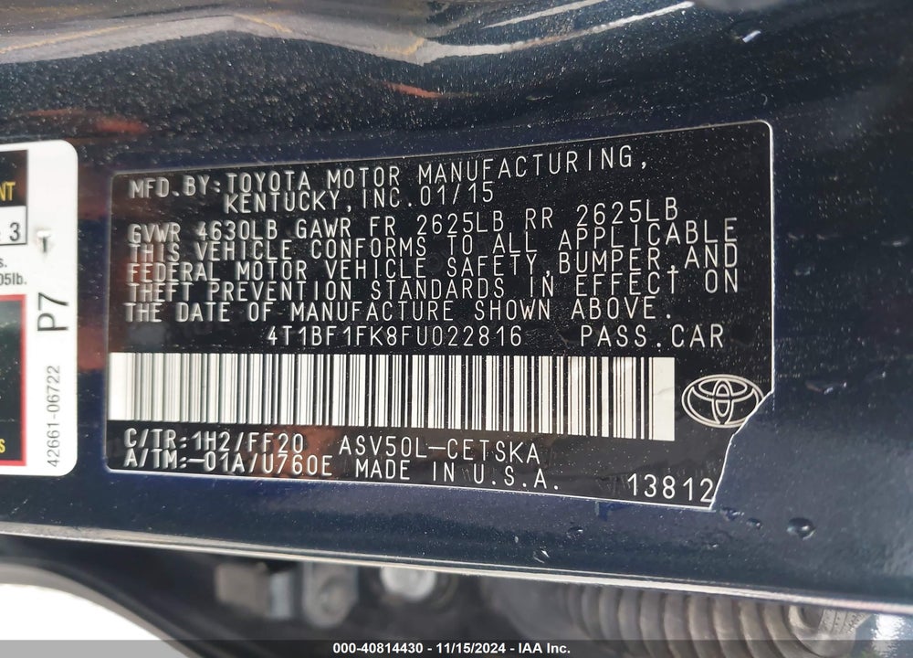 2015 TOYOTA CAMRY SE VIN: 4T1BF1FK8FU022816