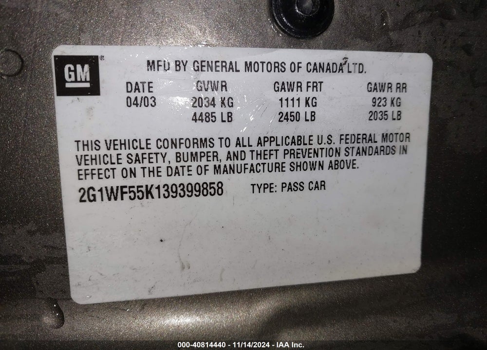 2003 CHEVROLET IMPALA POLICE VIN: 2G1WF55K139399858