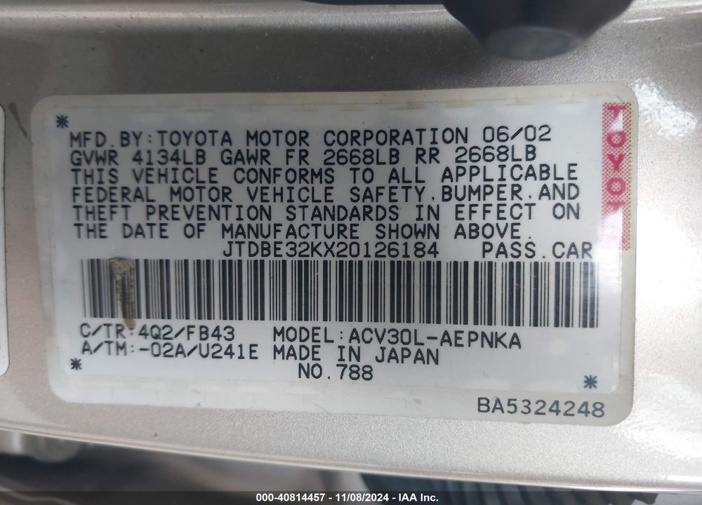 2002 TOYOTA CAMRY LE VIN: JTDBE32KX20126184