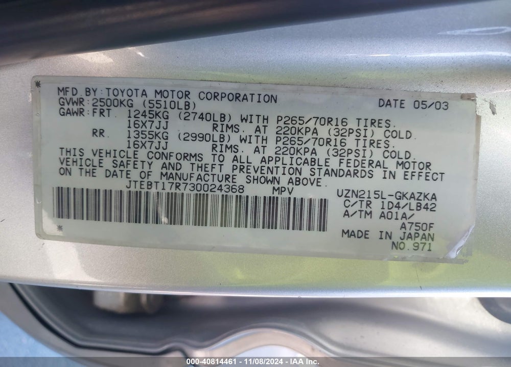 2003 TOYOTA 4RUNNER LIMITED V8 VIN: JTEBT17R730024368