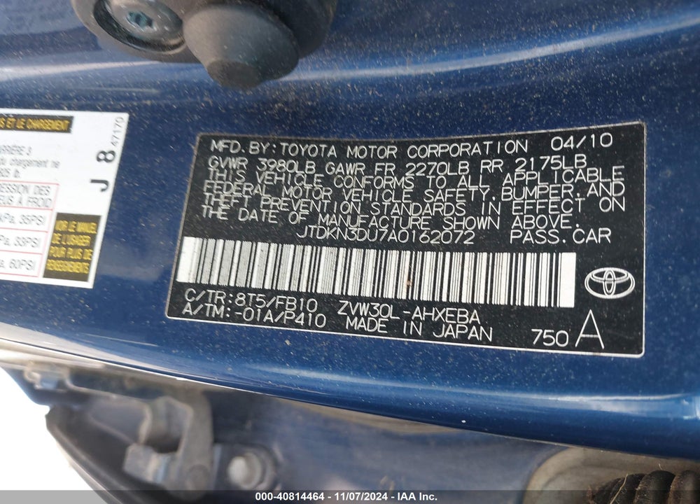 2010 TOYOTA PRIUS II VIN: JTDKN3DU7A0162072