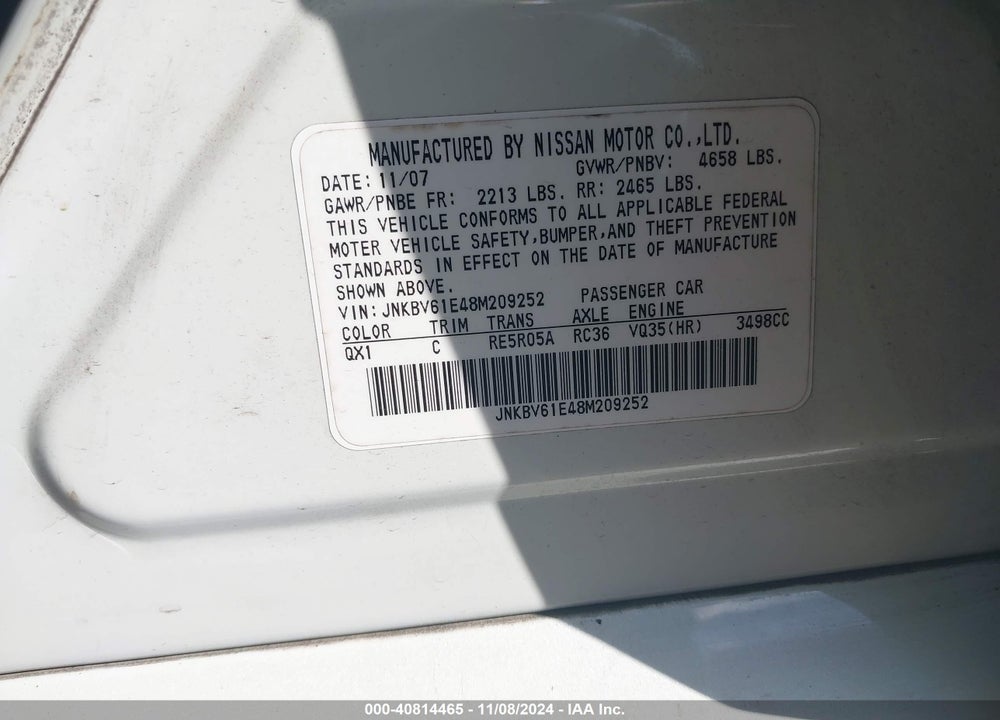 2008 INFINITI G35 JOURNEY VIN: JNKBV61E48M209252