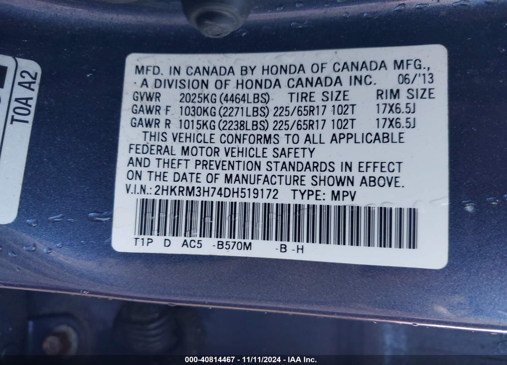 2013 HONDA CR-V EX-L VIN: 2HKRM3H74DH519172