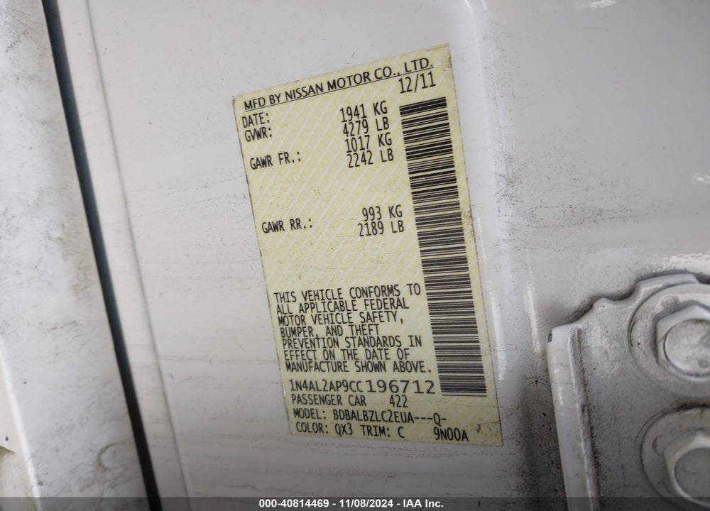 2012 NISSAN ALTIMA 2.5 S VIN: 1N4AL2AP9CC196712