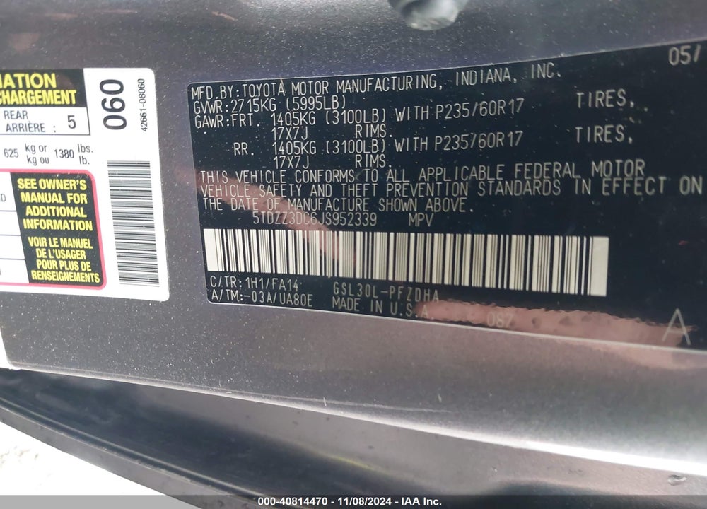 2018 TOYOTA SIENNA L 7 PASSENGER VIN: 5TDZZ3DC6JS952339
