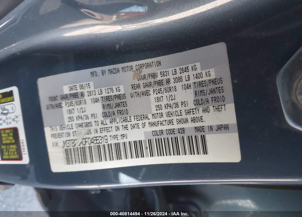2015 MAZDA CX-9 TOURING VIN: JM3TB2CA0F0465319