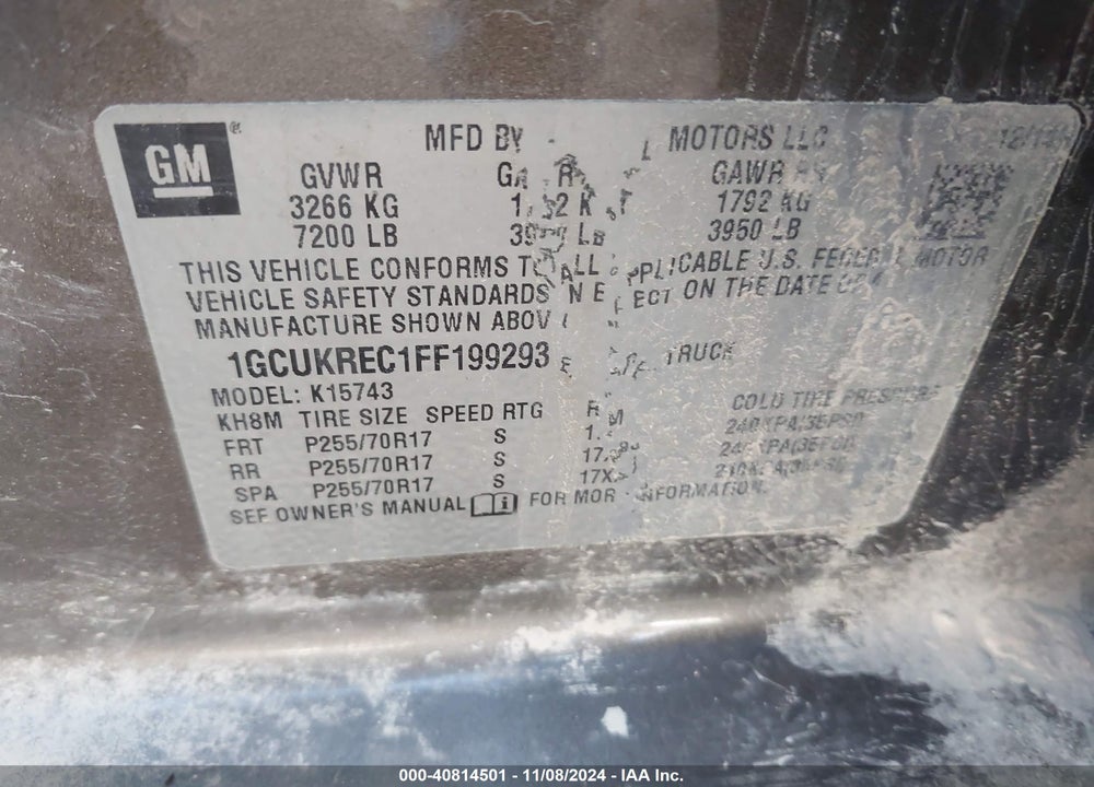 2015 CHEVROLET SILVERADO 1500 VIN: 1GCUKREC1FF199293