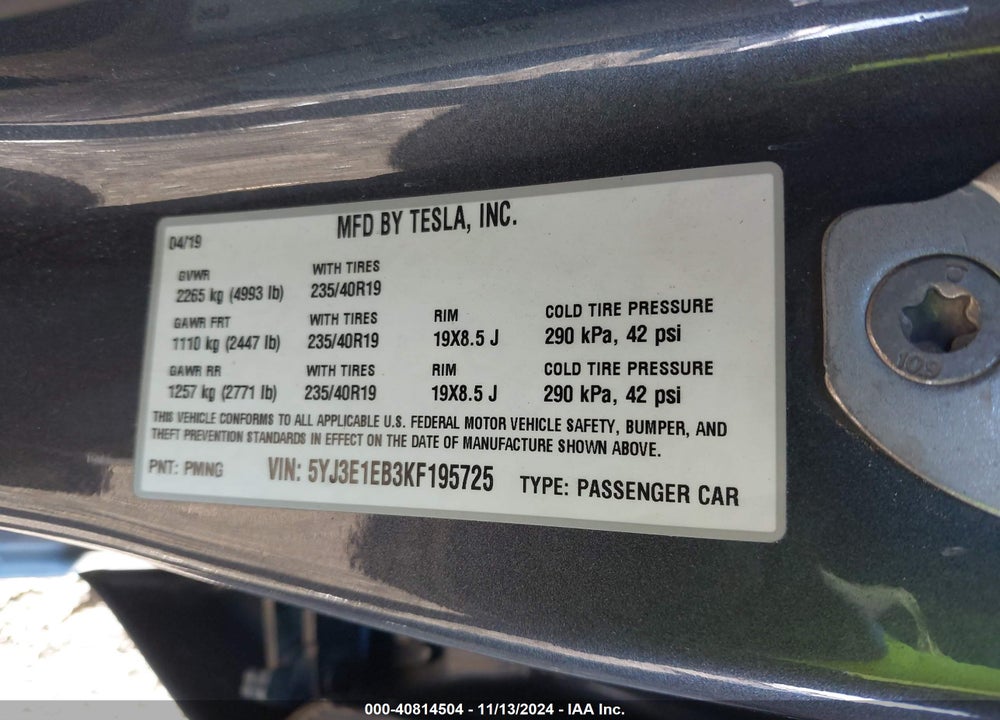 2019 TESLA MODEL 3 LONG RANGE/PERFORMANCE VIN: 5YJ3E1EB3KF195725