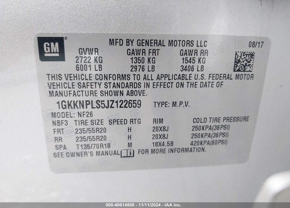 2018 GMC ACADIA VIN: 1GKKNPLS5JZ122659
