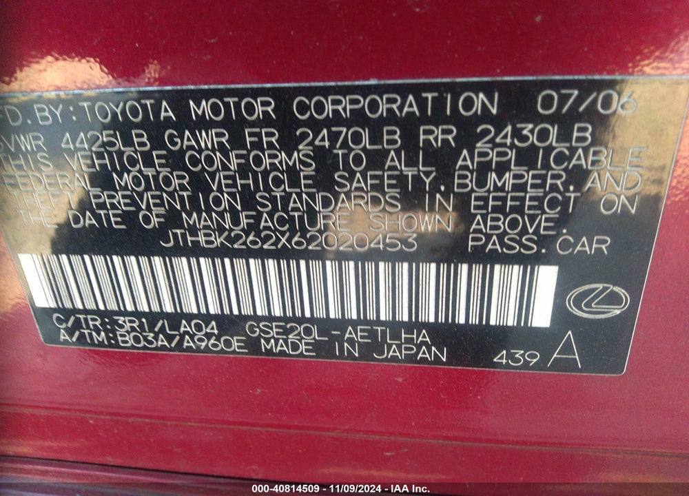2006 LEXUS IS 250 VIN: JTHBK262X62020453