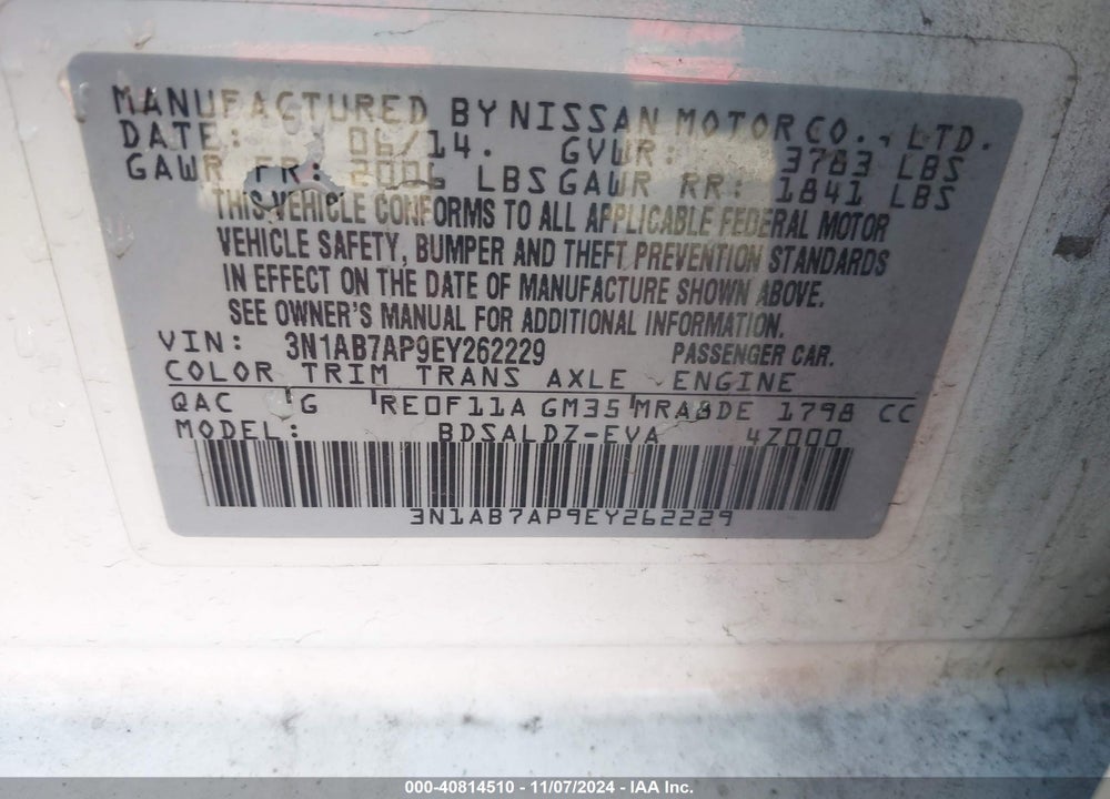 2014 NISSAN SENTRA FE+ S/FE+ SV/S/SL/SR/SV VIN: 3N1AB7AP9EY262229
