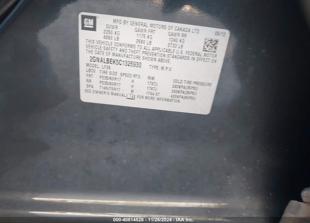 2012 CHEVROLET EQUINOX VIN: 2GNALBEK5C1326930