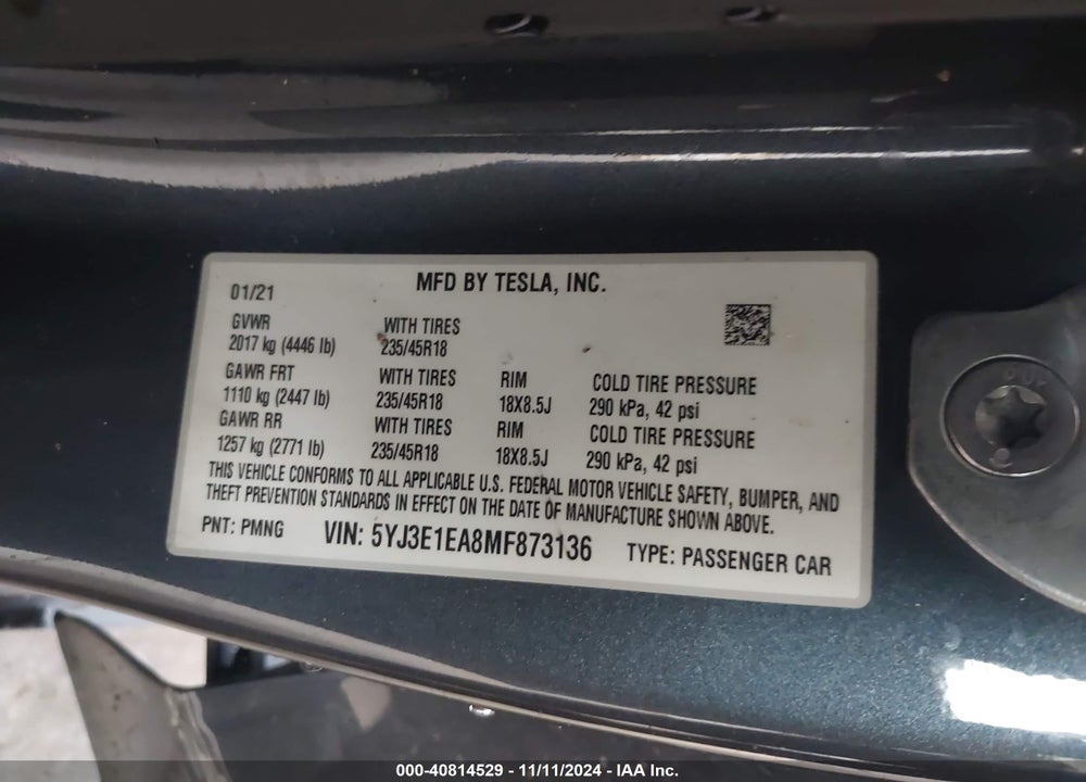 2021 TESLA MODEL 3 STANDARD RANGE PLUS REAR-WHEEL DRIVE VIN: 5YJ3E1EA8MF873136