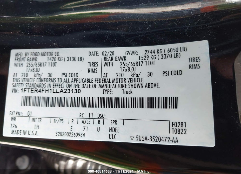 2020 FORD RANGER XL VIN: 1FTER4FH1LLA23130