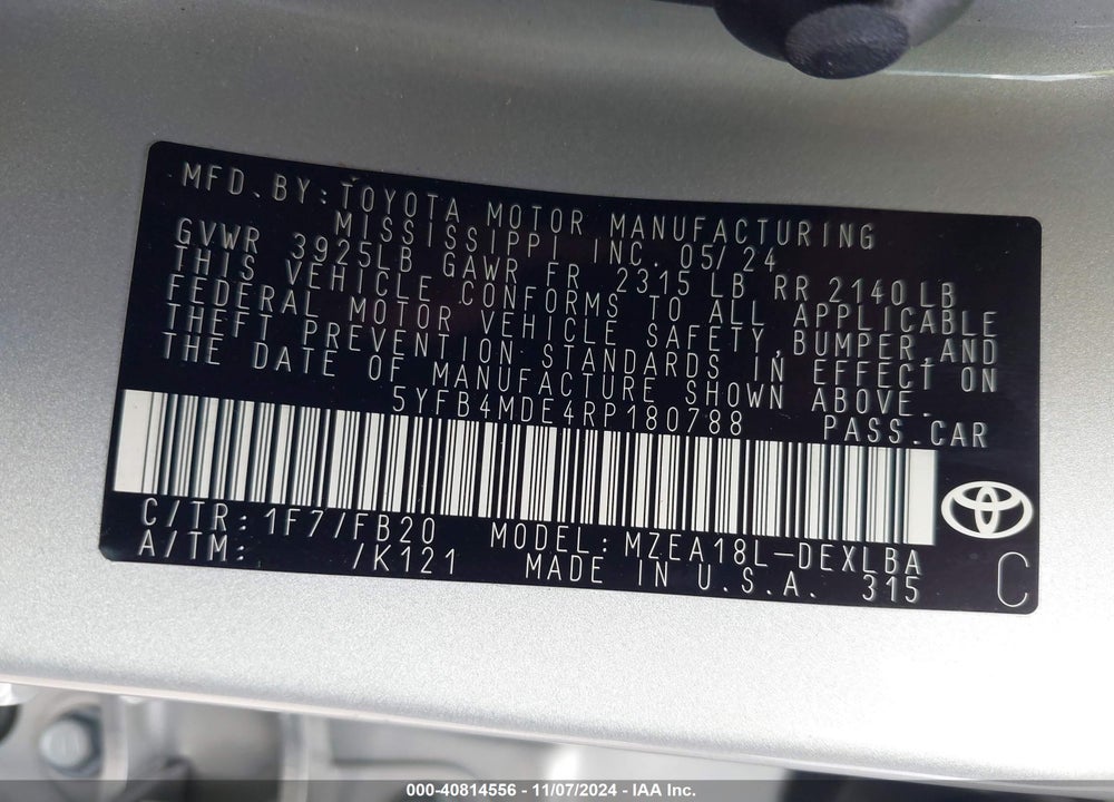 2024 TOYOTA COROLLA LE VIN: 5YFB4MDE4RP180788