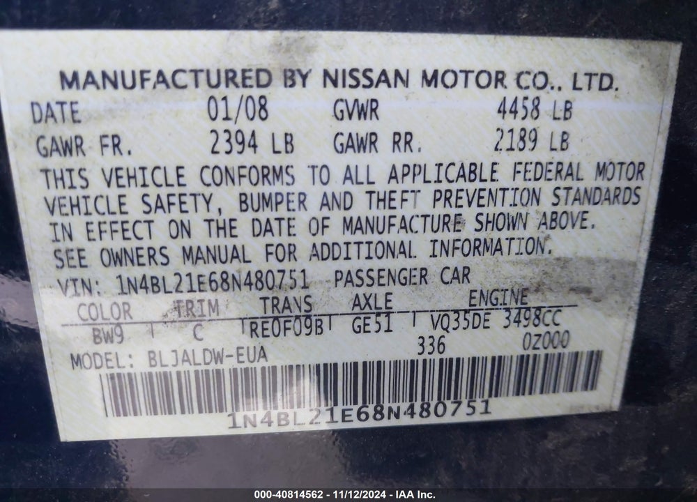 2008 NISSAN ALTIMA 3.5 SE VIN: 1N4BL21E68N480751