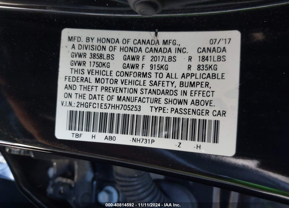 2017 HONDA CIVIC SI VIN: 2HGFC1E57HH705253