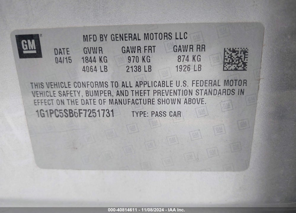2015 CHEVROLET CRUZE 1LT AUTO VIN: 1G1PC5SB6F7251731